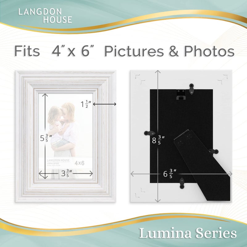 Langdon House 4x6 Real Wood Picture Frames (Weathered White - Gold Accents, 2 Pack), French Country Style Wooden Photo Frame 4 x 6, Lumina Collection - Image 3
